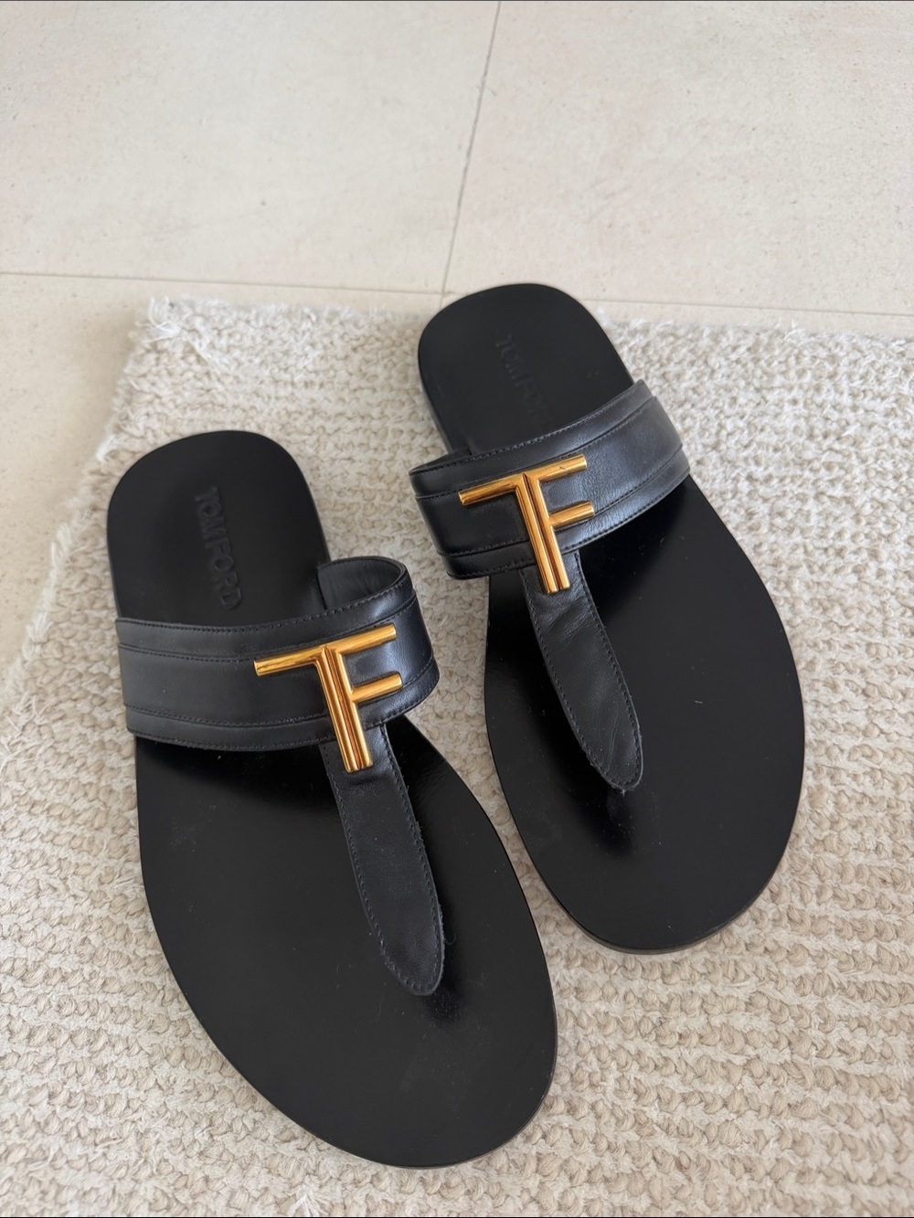 Tom Ford Black Leather Toe-Post Sandals with Gold T Accent